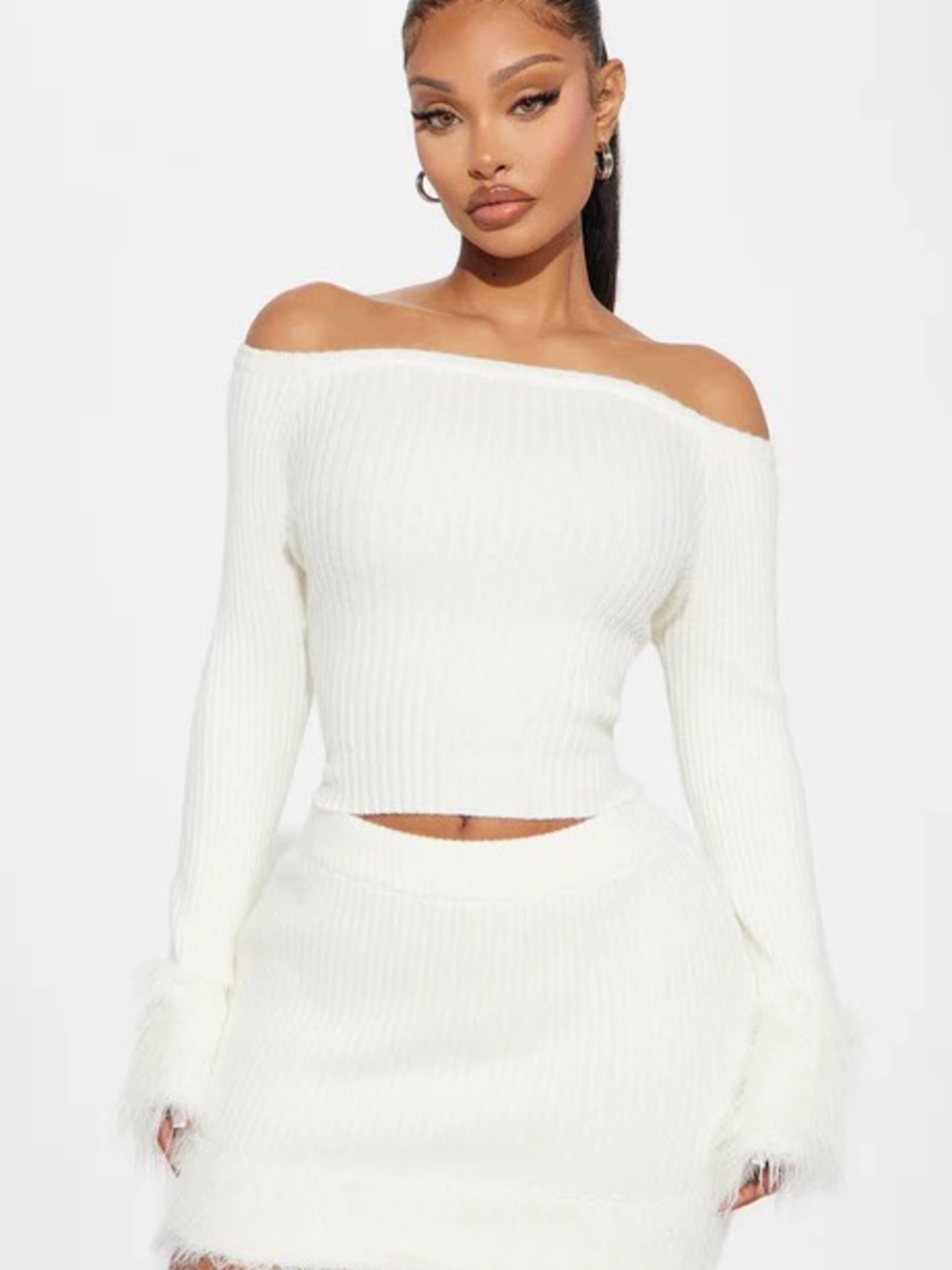 Off-Shoulder Ribbed Knit Sweater and Mini Skirt in White Bachelorette